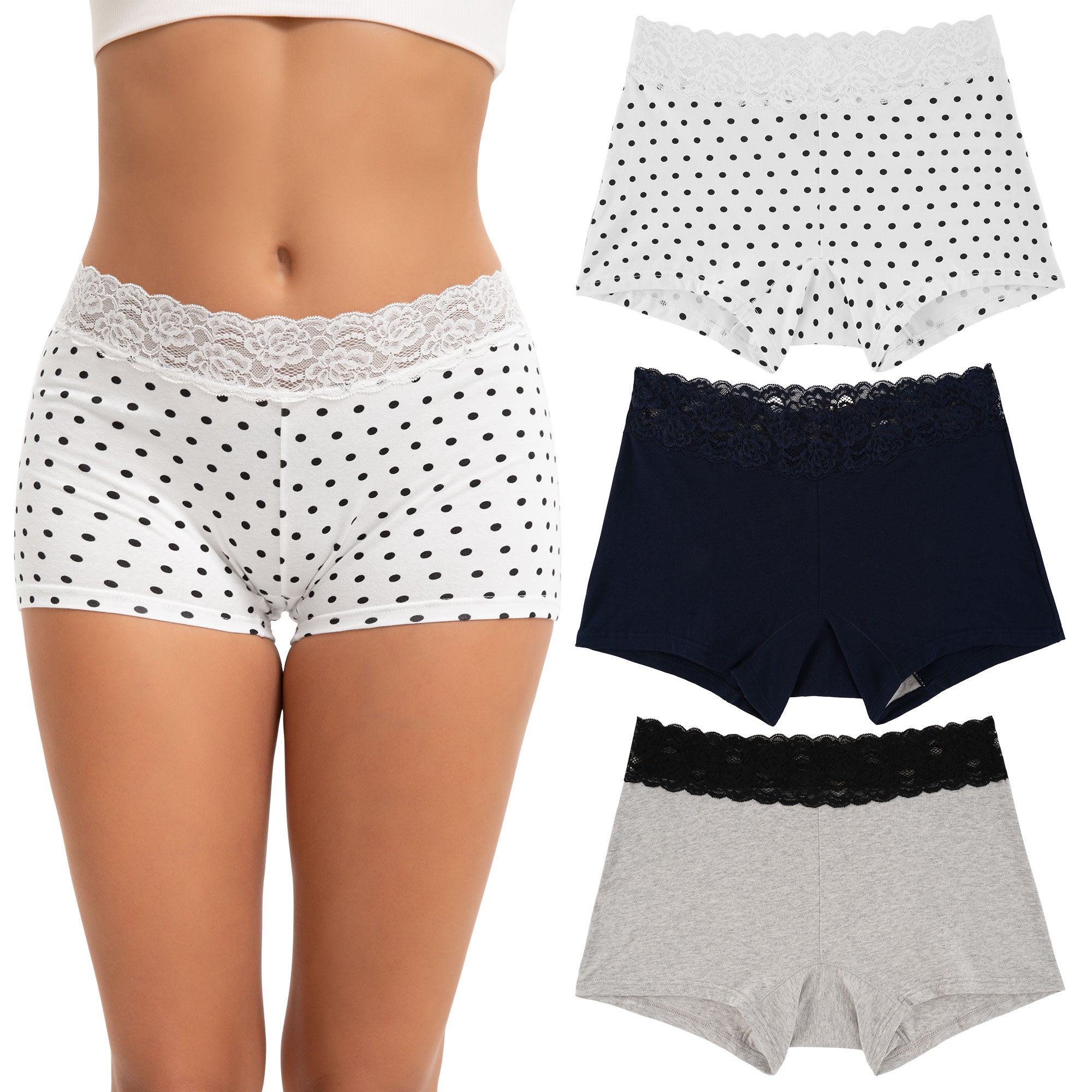 Women's Lace Underwear Cotton Soft Boyshorts Panties 3-Pack