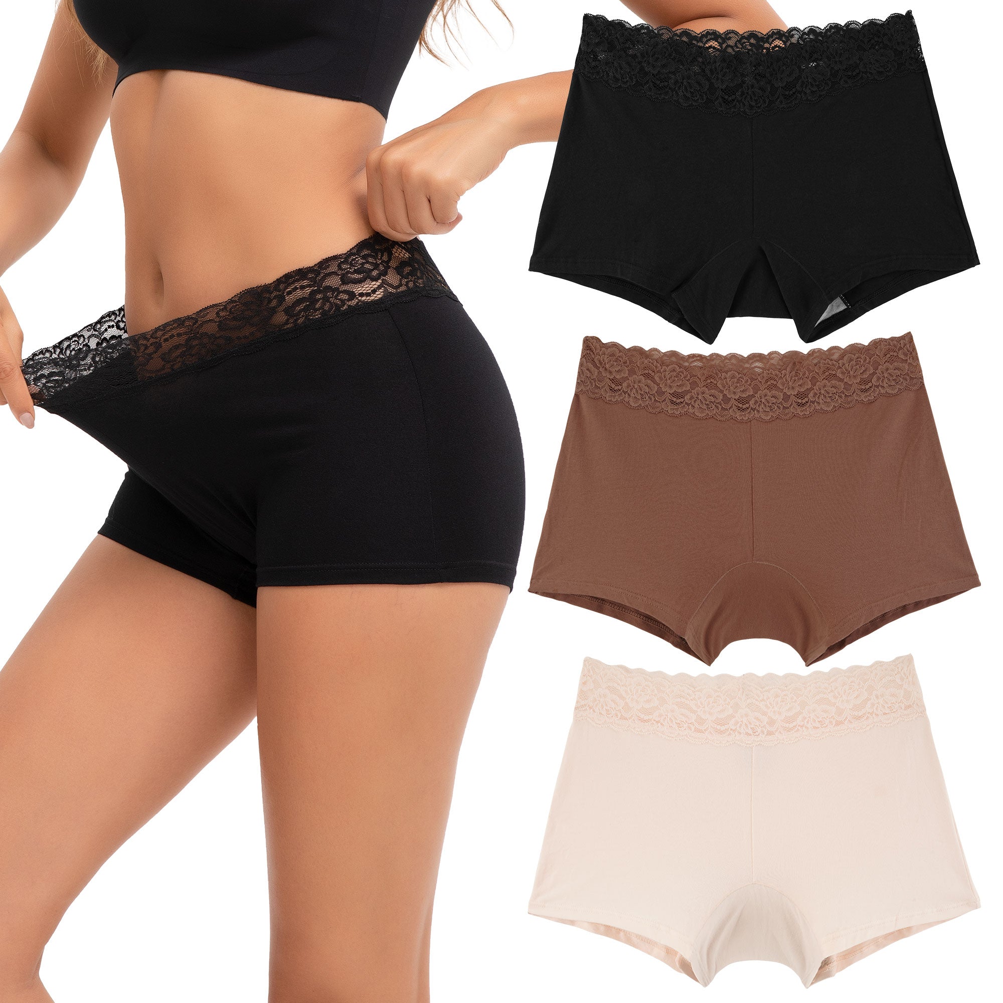 Women's Lace Underwear Cotton Soft Boyshorts Panties 3-Pack