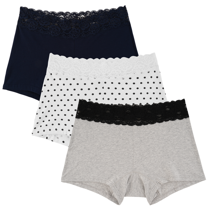 Women's Lace Underwear Cotton Soft Boyshorts Panties Boxer Briefs 3 Pack