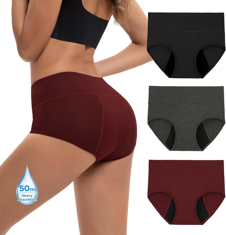 Women's High Waisted Bamboo Viscose Heavy Flow Period Panties 3-Pack