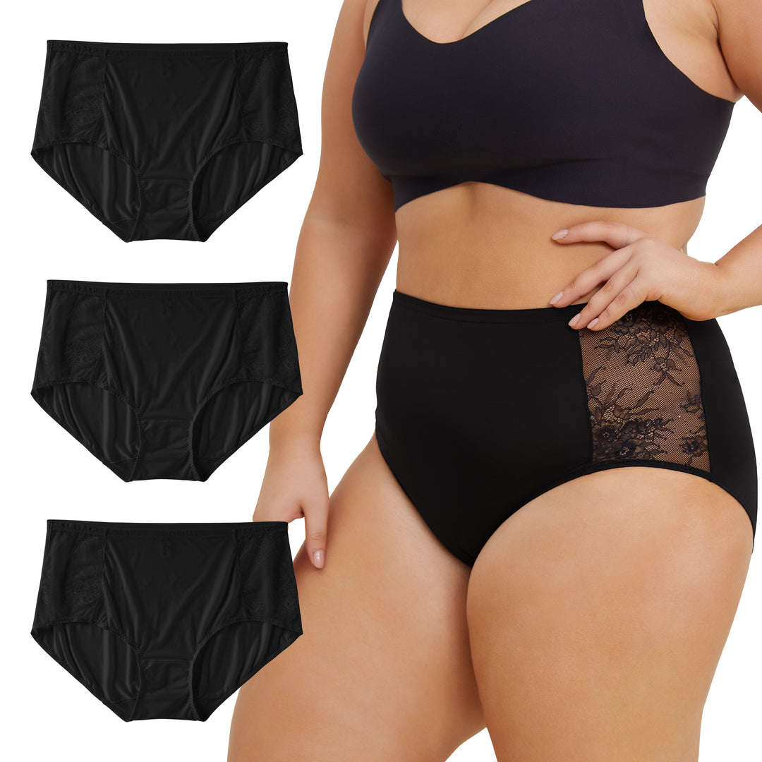 Women's Plus Size Lace Nylon High Waisted Panties 3-Pack