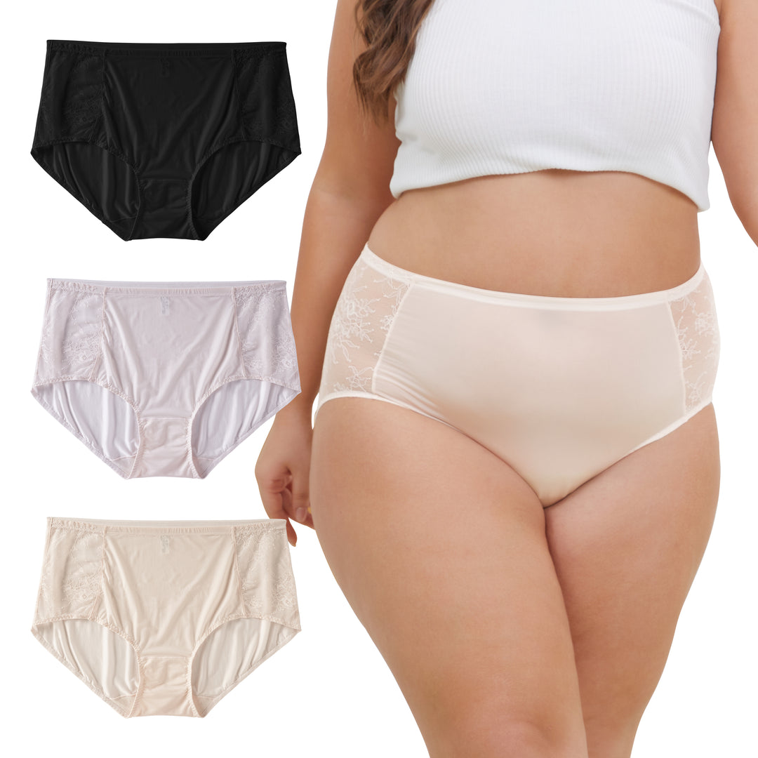 Women's Plus Size Lace Nylon High Waisted Panties 3-Pack