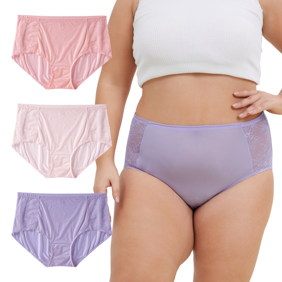 Women's Plus Size Lace Nylon High Waisted Panties 3-Pack